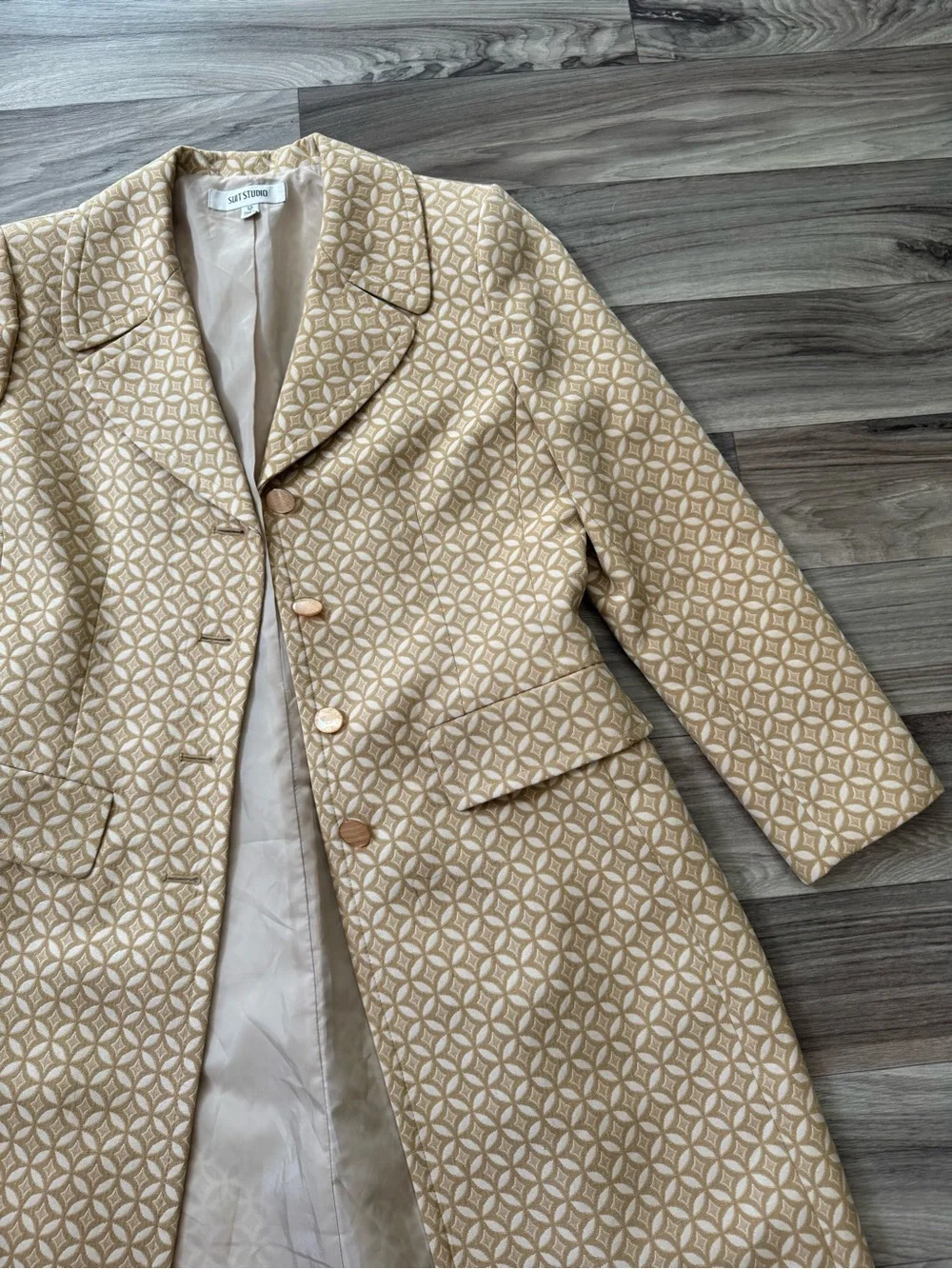 Vintage Suit Studio Geometric Print Notched Duster Blazer Size 12 Old Money Mod